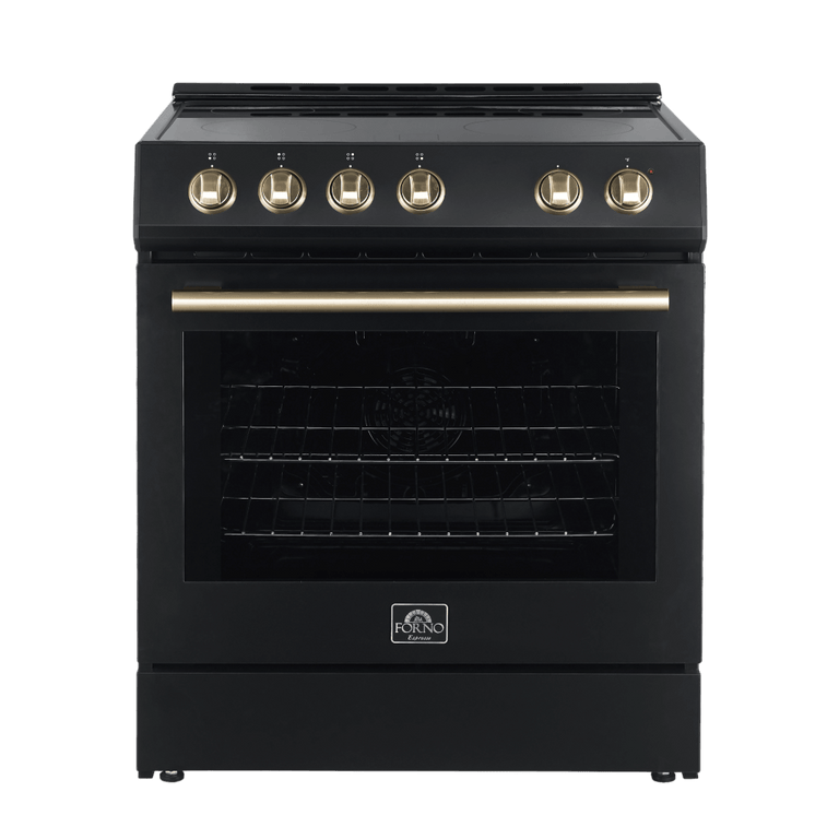 Forno Espresso Package - 30" Electric Range, Range Hood and Refrigerator in Black with Antique Brass Handles, AP-FFSEL6012-30BLK-A-A5 Appliance Package AP-FFSEL6012-30BLK-A-A5 Luxury Appliances Direct