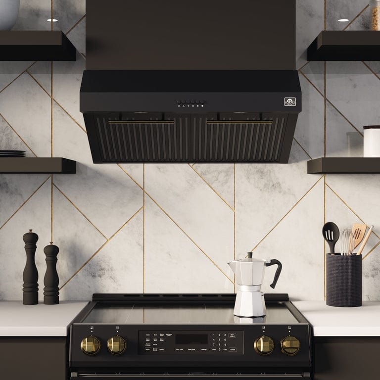 Forno Espresso Package - 30" Electric Range, Range Hood and Refrigerator in Black with Antique Brass Handles, AP-FFSEL6012-30BLK-A-A5 Appliance Packages AP-FFSEL6012-30BLK-A-A5 Luxury Appliances Direct