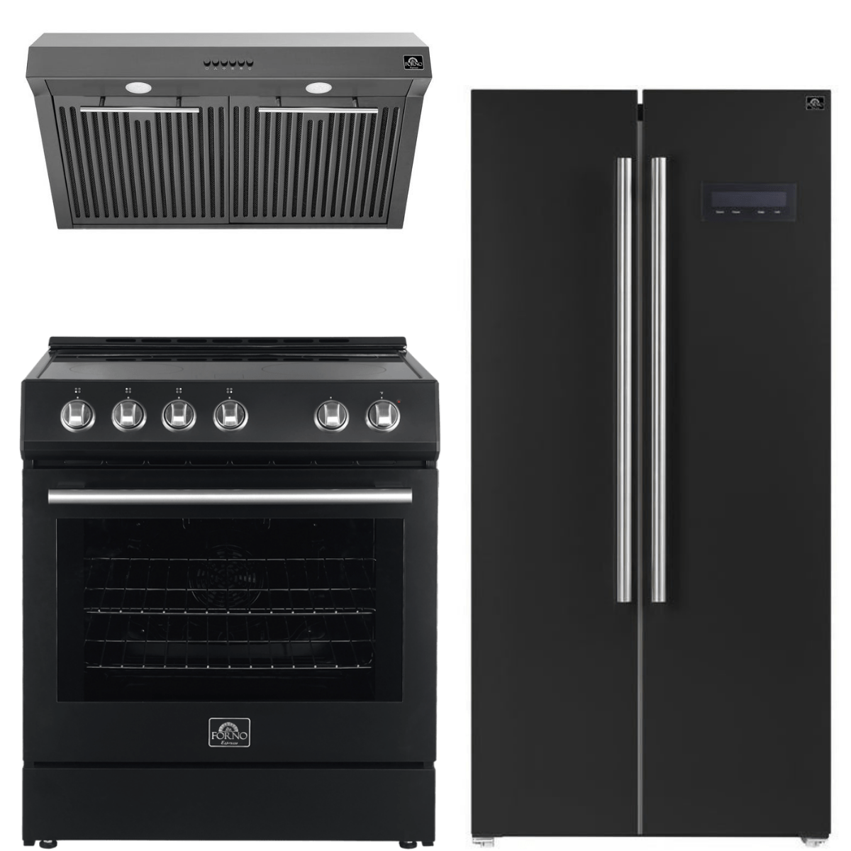 Forno Espresso Package - 30" Electric Range, Range Hood and Refrigerator in Black with Silver Handles, AP-FFSEL6012-30BLK-S-A7 Appliance Package AP-FFSEL6012-30BLK-S-A7 Luxury Appliances Direct