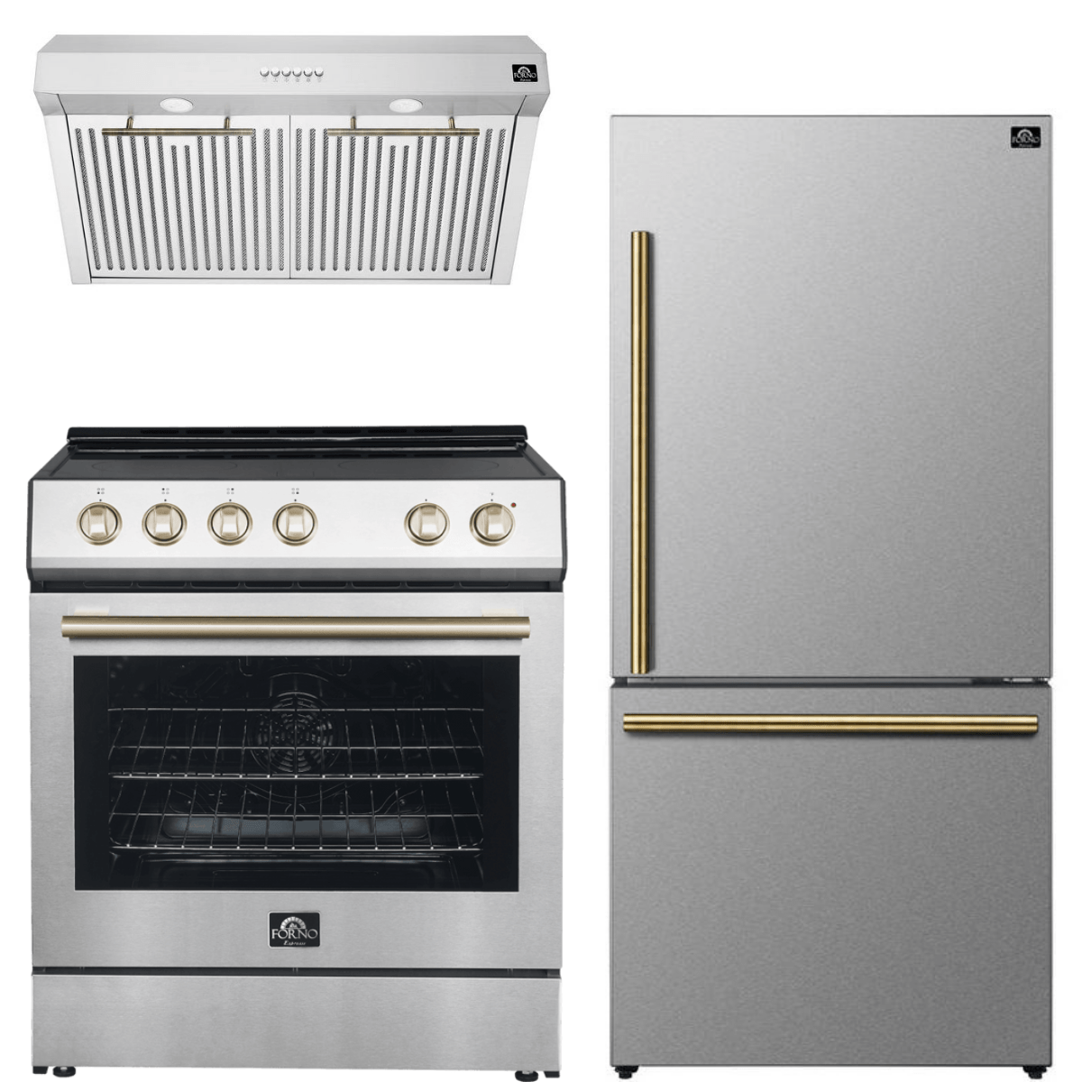 Forno Espresso Package - 30" Electric Range, Range Hood and Refrigerator in Stainless Steel with Antique Brass Handles, AP-FFSEL6012-30-A-A4 Appliance Package AP-FFSEL6012-30-A-A4 Luxury Appliances Direct