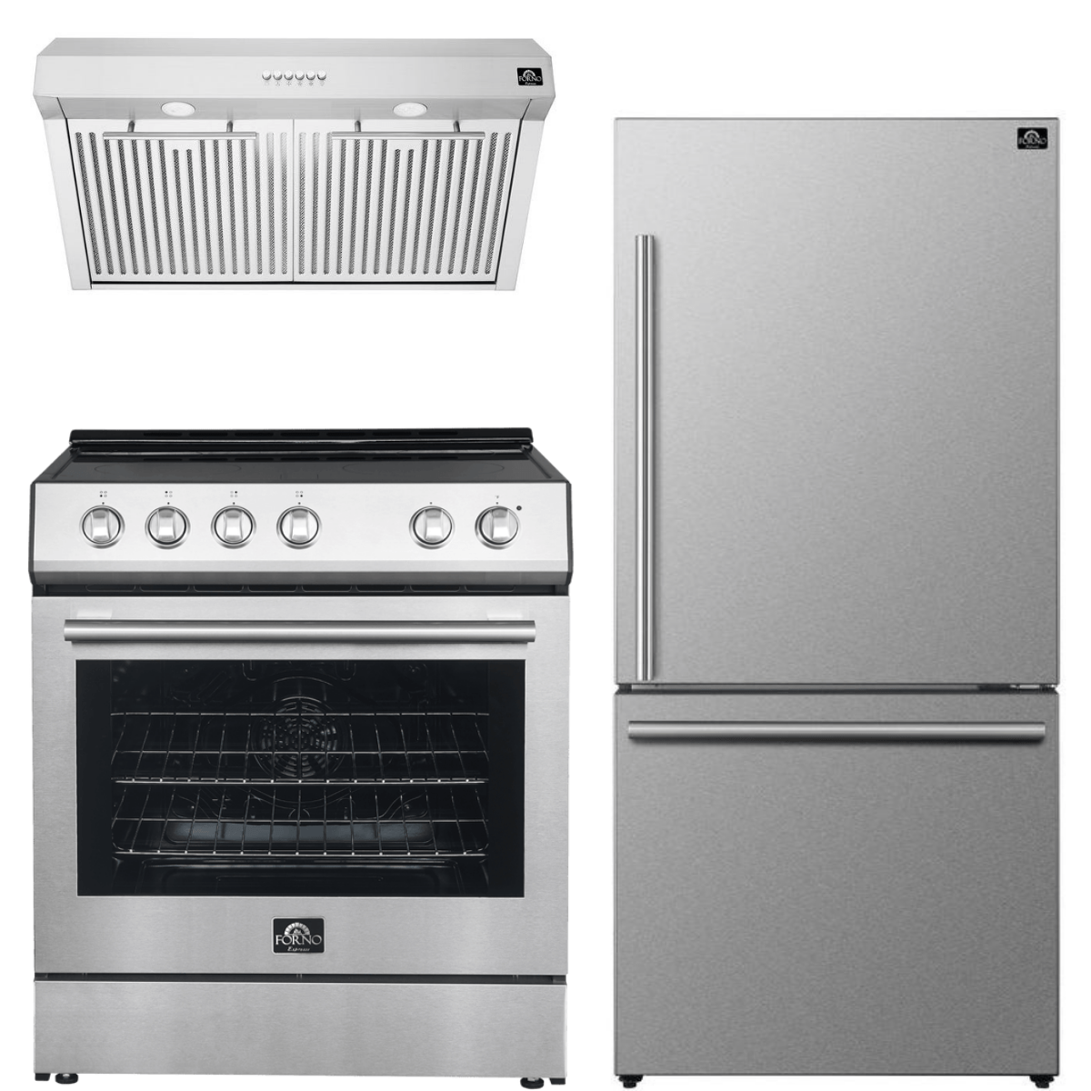 Forno Espresso Package - 30" Electric Range, Range Hood and Refrigerator in Stainless Steel with Silver Handles, AP-FFSEL6012-30-S-A4 Appliance Package AP-FFSEL6012-30-S-A4 Luxury Appliances Direct