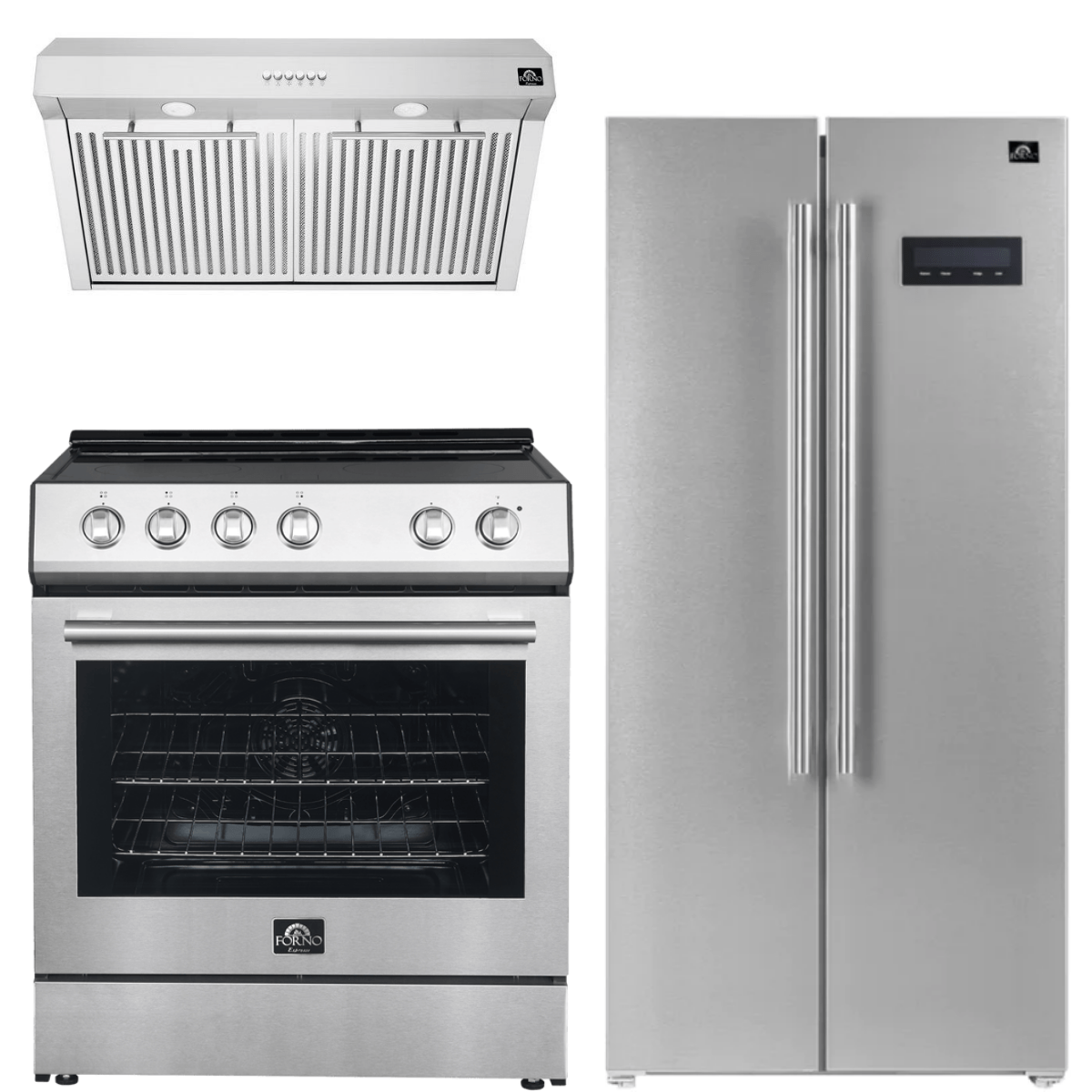 Forno Espresso Package - 30" Electric Range, Range Hood and Refrigerator in Stainless Steel with Silver Handles, AP-FFSEL6012-30-S-A9 Appliance Package AP-FFSEL6012-30-S-A9 Luxury Appliances Direct