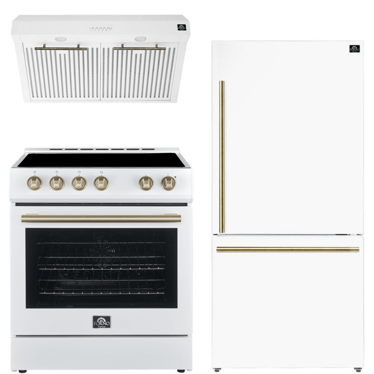 Forno Espresso Package - 30" Electric Range, Range Hood and Refrigerator in White with Antique Brass Handles, AP-FFSEL6012-30WHT-A-A6 Appliance Packages AP-FFSEL6012-30WHT-A-A6 Luxury Appliances Direct