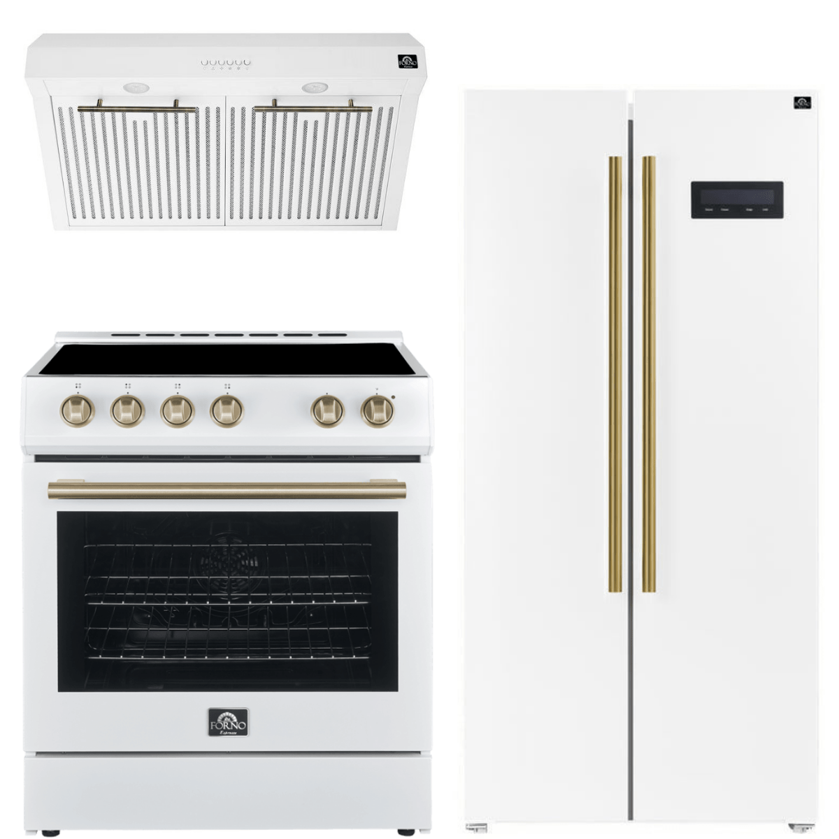 Forno Espresso Package - 30" Electric Range, Range Hood and Refrigerator in White with Antique Brass Handles, AP-FFSEL6012-30WHT-A-A8 Appliance Package AP-FFSEL6012-30WHT-A-A8 Luxury Appliances Direct