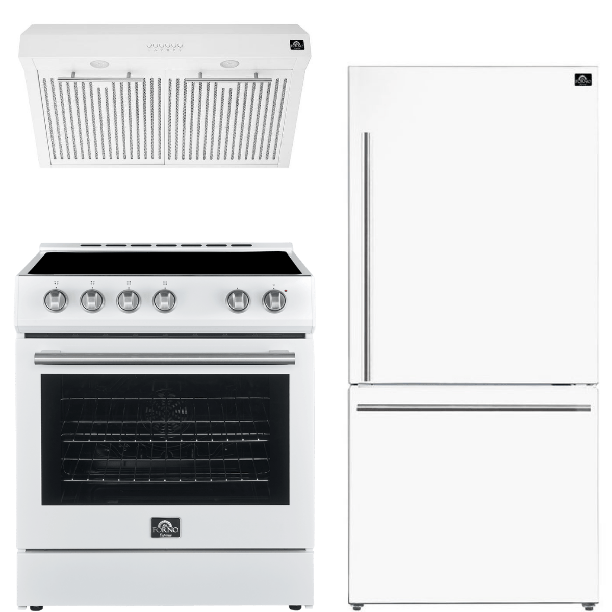 Forno Espresso Package - 30" Electric Range, Range Hood and Refrigerator in White with Silver Handles, AP-FFSEL6012-30WHT-S-A6 Appliance Package AP-FFSEL6012-30WHT-S-A6 Luxury Appliances Direct