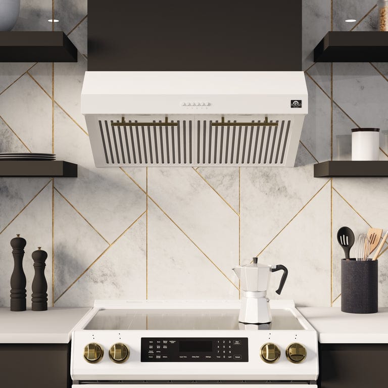 Forno Espresso Package - 30" Electric Range, Range Hood and Refrigerator in White with Silver Handles, AP-FFSEL6012-30WHT-S-A6 Appliance Packages AP-FFSEL6012-30WHT-S-A6 Luxury Appliances Direct