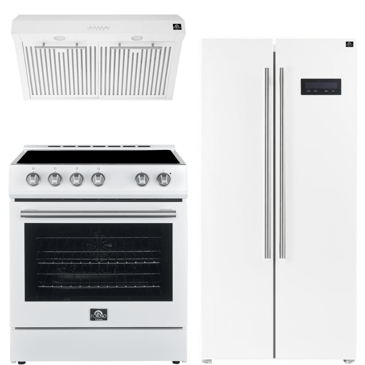 Forno Espresso Package - 30" Electric Range, Range Hood and Refrigerator in White with Silver Handles, AP-FFSEL6012-30WHT-S-A8 Appliance Package AP-FFSEL6012-30WHT-S-A8 Luxury Appliances Direct