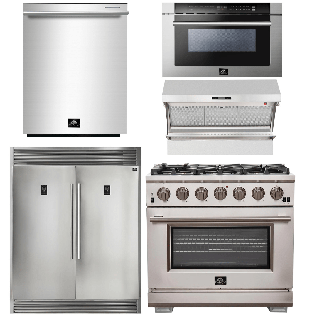 Forno Package - 36 Inch Pro Gas Range, Wall Mount Range Hood, Refrigerator, Microwave Drawer, Dishwasher, AP-FFSGS6260-36-8 Appliance Package AP-FFSGS6260-36-8 Luxury Appliances Direct