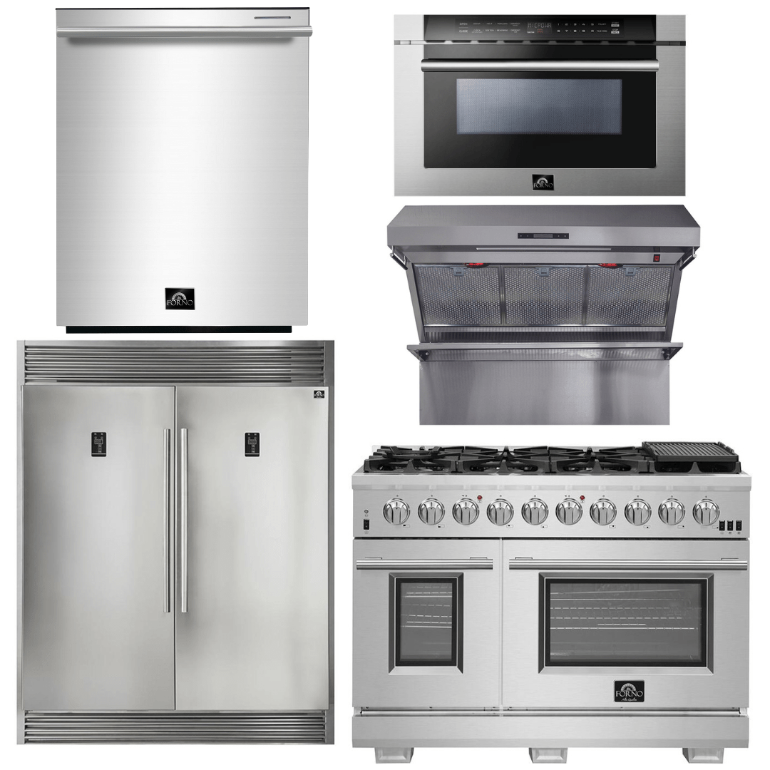 Forno Package 48-Inch Range, Range Hood, Refrigerator, Microwave, Dishwasher, AP-FFSGS6260-48-8 I Luxury Appliances Direct