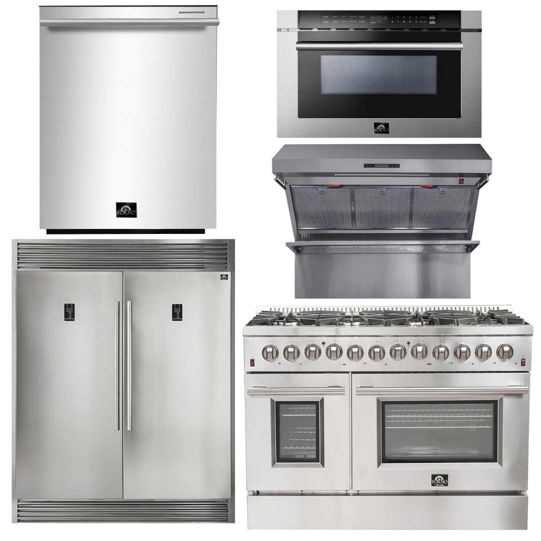 Forno Package - 48 Inch Dual Fuel Range, Wall Mount Range Hood, Refrigerator, Microwave Drawer, Dishwasher, AP-FFSGS6156-48-8 Appliance Package AP-FFSGS6156-48-8 Luxury Appliances Direct