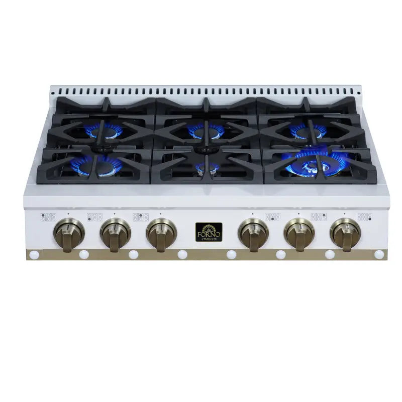 FORNO Valente FCTGS5799-36CPWHT 36-Inch Gas Rangetop – 6 Burners, 71,000 BTU, White with Copper Trim