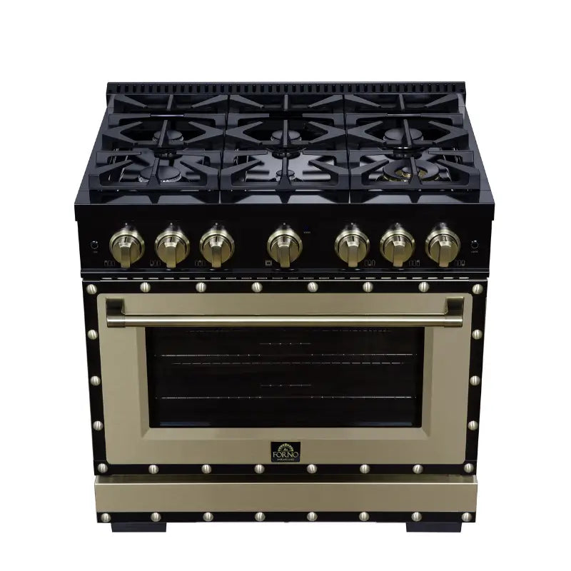 FORNO Valente FFSGS6199-36CPBLK 36-Inch Dual Fuel Range with 6 Sealed Burners & 5.2 Cu. Ft. Convection Oven – Black with Antique Brass