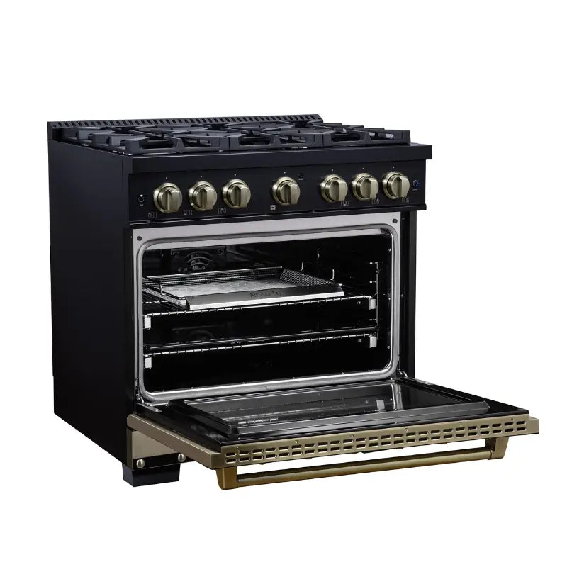 FORNO Valente FFSGS6199-36CPBLK 36-Inch Dual Fuel Range with 6 Sealed Burners & 5.2 Cu. Ft. Convection Oven – Black with Antique Brass