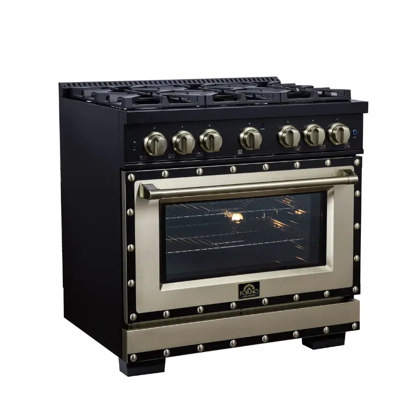 FORNO Valente FFSGS6199-36CPBLK 36-Inch Dual Fuel Range with 6 Sealed Burners & 5.2 Cu. Ft. Convection Oven – Black with Antique Brass