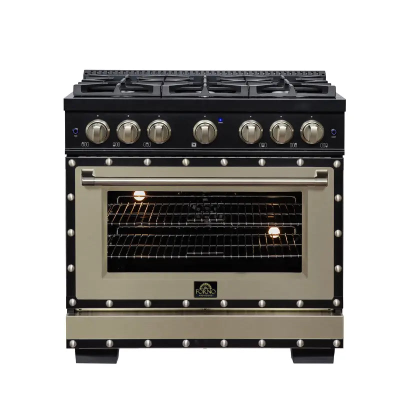 FORNO Valente FFSGS6199-36CPBLK 36-Inch Dual Fuel Range with 6 Sealed Burners & 5.2 Cu. Ft. Convection Oven – Black with Antique Brass