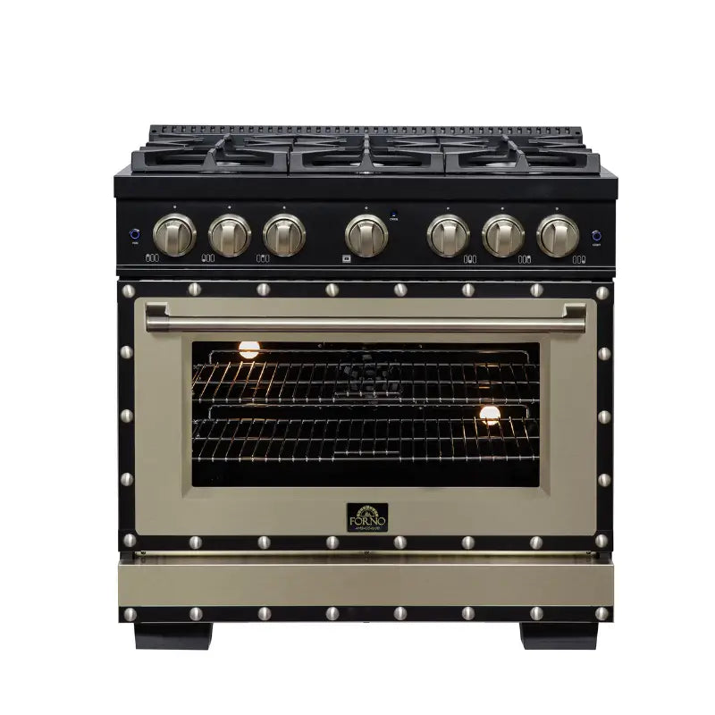 FORNO Valente FFSGS6199-36CPBLK 36-Inch Dual Fuel Range with 6 Sealed Burners & 5.2 Cu. Ft. Convection Oven – Black with Antique Brass