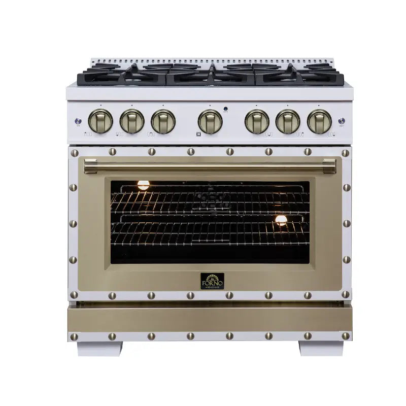 FORNO Valente FFSGS6199-36CPWHT 36-Inch Dual Fuel Range with 6 Sealed Burners & 5.2 Cu. Ft. Convection Oven – White with Antique Brass & Copper Accents