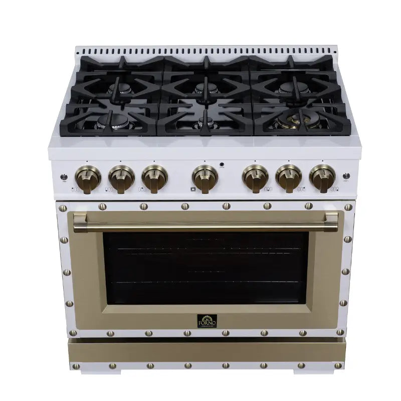 FORNO Valente FFSGS6199-36CPWHT 36-Inch Dual Fuel Range with 6 Sealed Burners & 5.2 Cu. Ft. Convection Oven – White with Antique Brass & Copper Accents