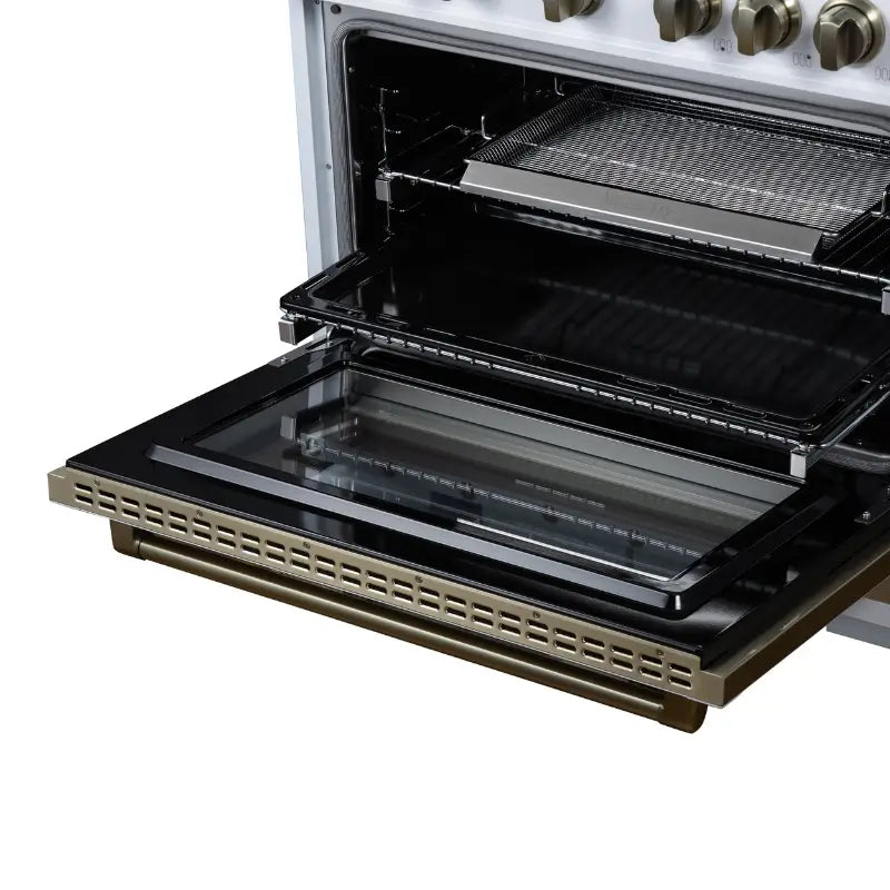 FORNO Valente FFSGS6199-36CPWHT 36-Inch Dual Fuel Range with 6 Sealed Burners & 5.2 Cu. Ft. Convection Oven – White with Antique Brass & Copper Accents