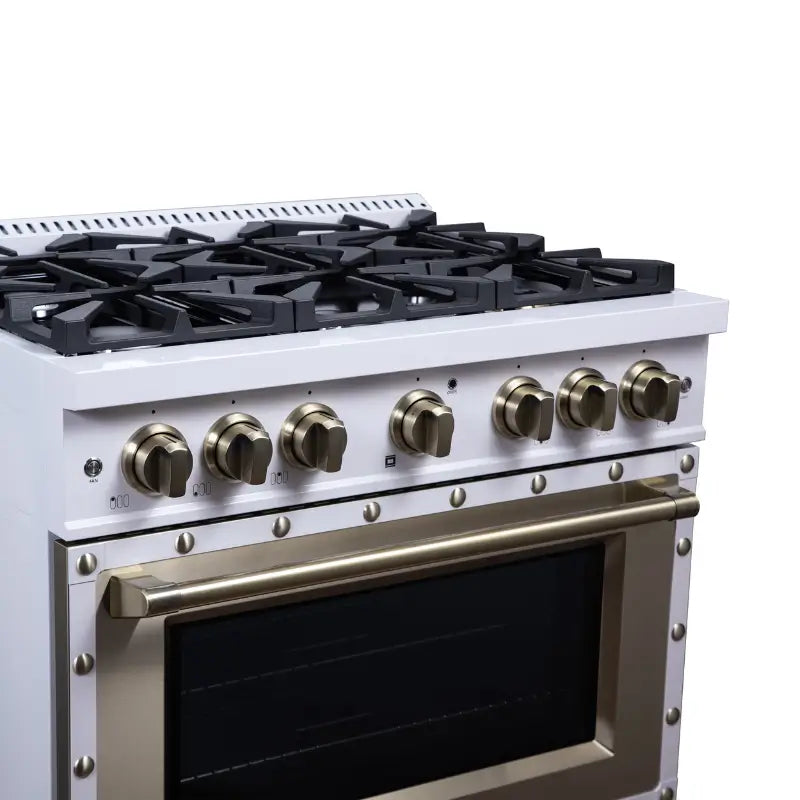 FORNO Valente FFSGS6199-36CPWHT 36-Inch Dual Fuel Range with 6 Sealed Burners & 5.2 Cu. Ft. Convection Oven – White with Antique Brass & Copper Accents