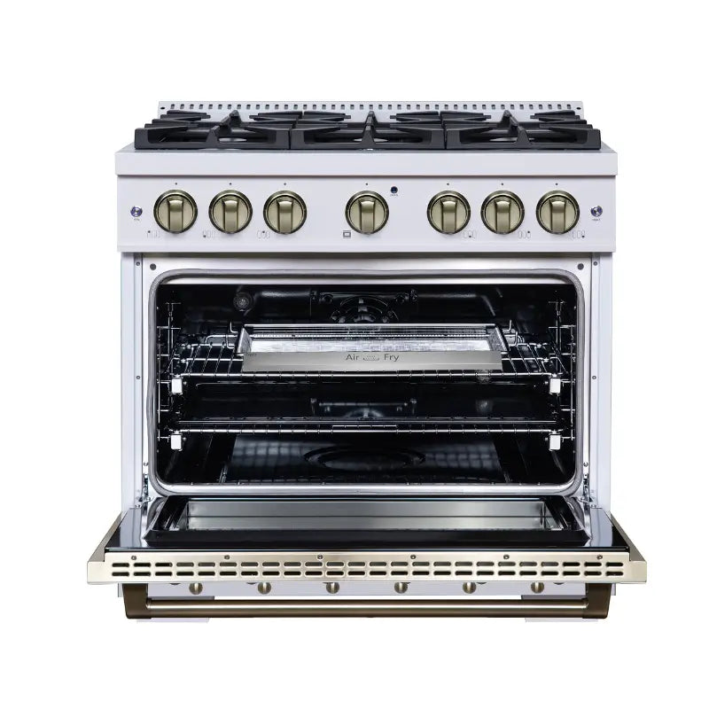 FORNO Valente FFSGS6199-36CPWHT 36-Inch Dual Fuel Range with 6 Sealed Burners & 5.2 Cu. Ft. Convection Oven – White with Antique Brass & Copper Accents
