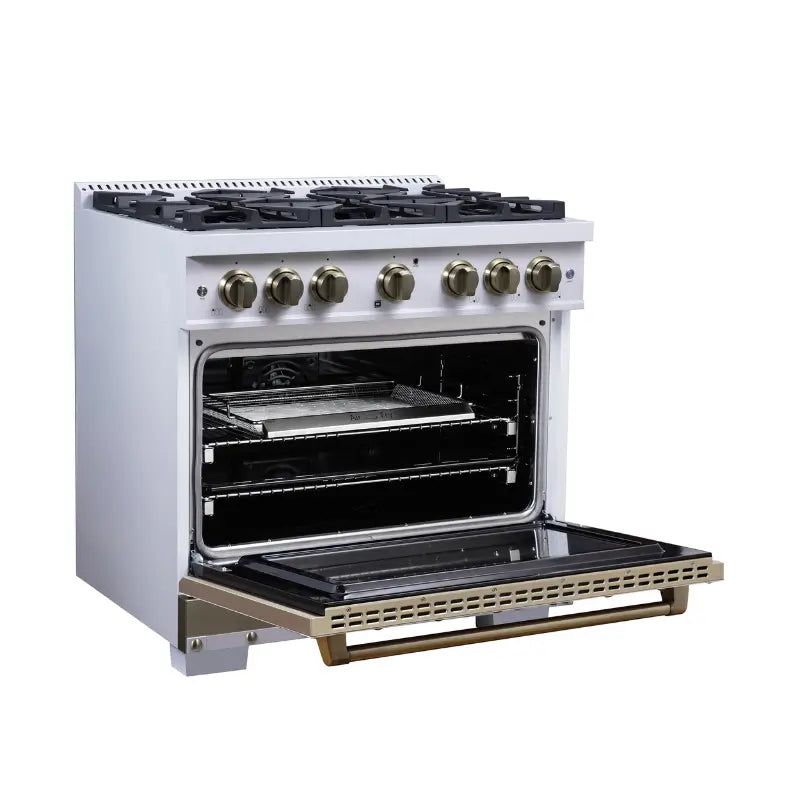 FORNO Valente FFSGS6199-36CPWHT 36-Inch Dual Fuel Range with 6 Sealed Burners & 5.2 Cu. Ft. Convection Oven – White with Antique Brass & Copper Accents