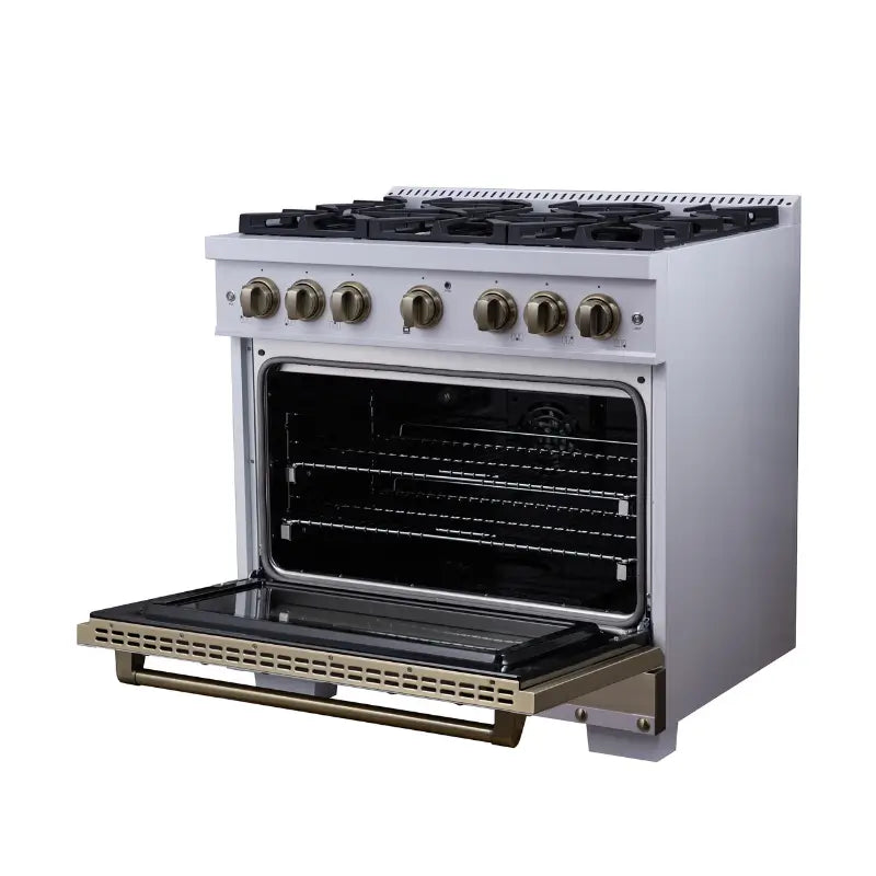 FORNO Valente FFSGS6199-36CPWHT 36-Inch Dual Fuel Range with 6 Sealed Burners & 5.2 Cu. Ft. Convection Oven – White with Antique Brass & Copper Accents