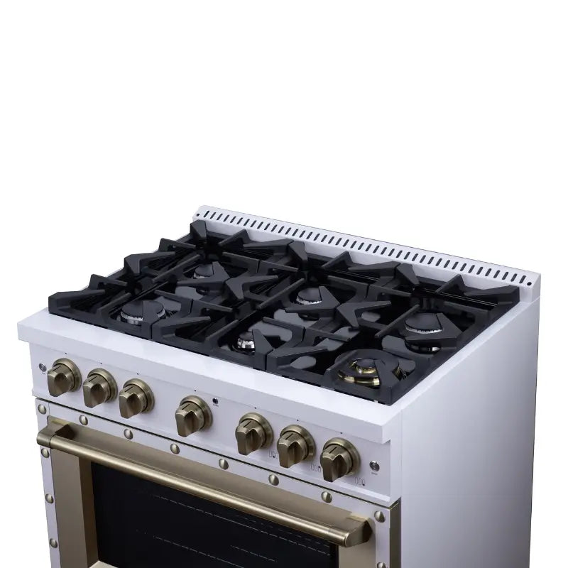 FORNO Valente FFSGS6199-36CPWHT 36-Inch Dual Fuel Range with 6 Sealed Burners & 5.2 Cu. Ft. Convection Oven – White with Antique Brass & Copper Accents