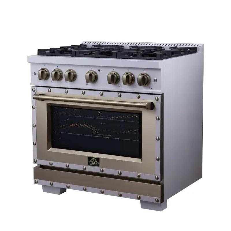 FORNO Valente FFSGS6199-36CPWHT 36-Inch Dual Fuel Range with 6 Sealed Burners & 5.2 Cu. Ft. Convection Oven – White with Antique Brass & Copper Accents