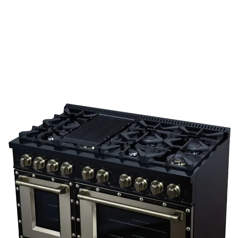 FORNO Valente FFSGS6199-48CPBLK 48-Inch Dual Fuel Range with 8 Sealed Burners & 6.7 Cu. Ft. Double Oven – Black with Copper Trim