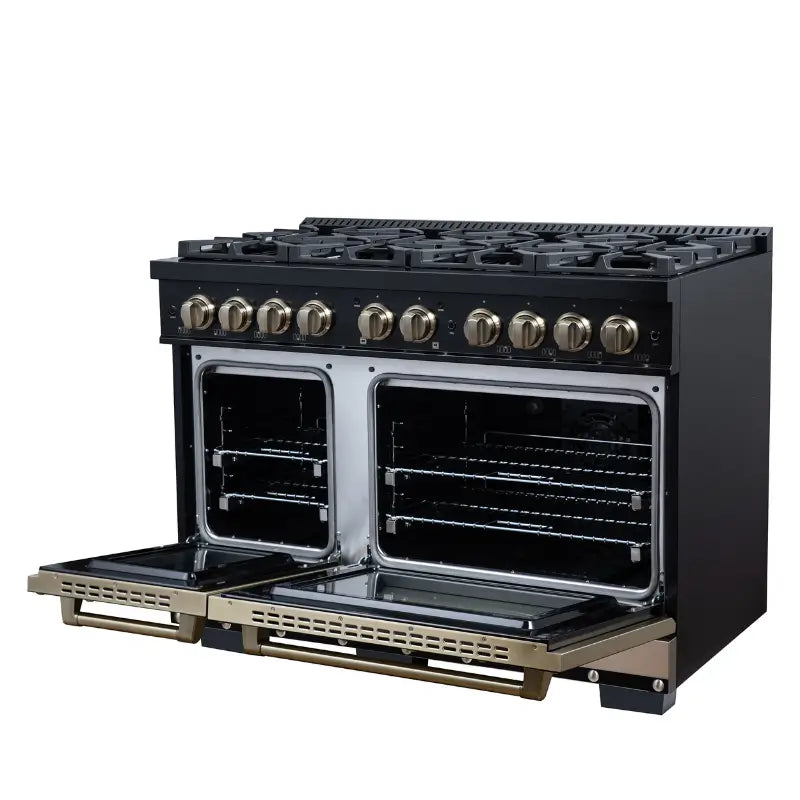 FORNO Valente FFSGS6199-48CPBLK 48-Inch Dual Fuel Range with 8 Sealed Burners & 6.7 Cu. Ft. Double Oven – Black with Copper Trim