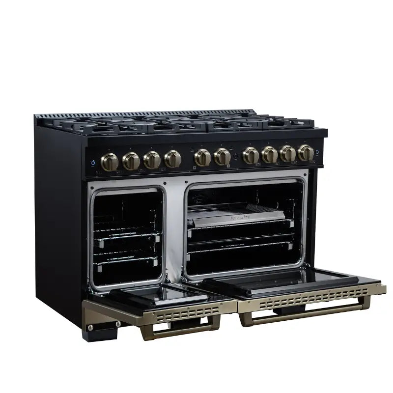 FORNO Valente FFSGS6199-48CPBLK 48-Inch Dual Fuel Range with 8 Sealed Burners & 6.7 Cu. Ft. Double Oven – Black with Copper Trim