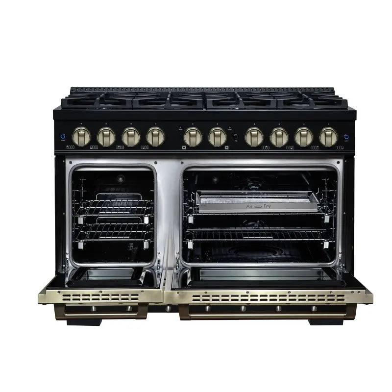 FORNO Valente FFSGS6199-48CPBLK 48-Inch Dual Fuel Range with 8 Sealed Burners & 6.7 Cu. Ft. Double Oven – Black with Copper Trim
