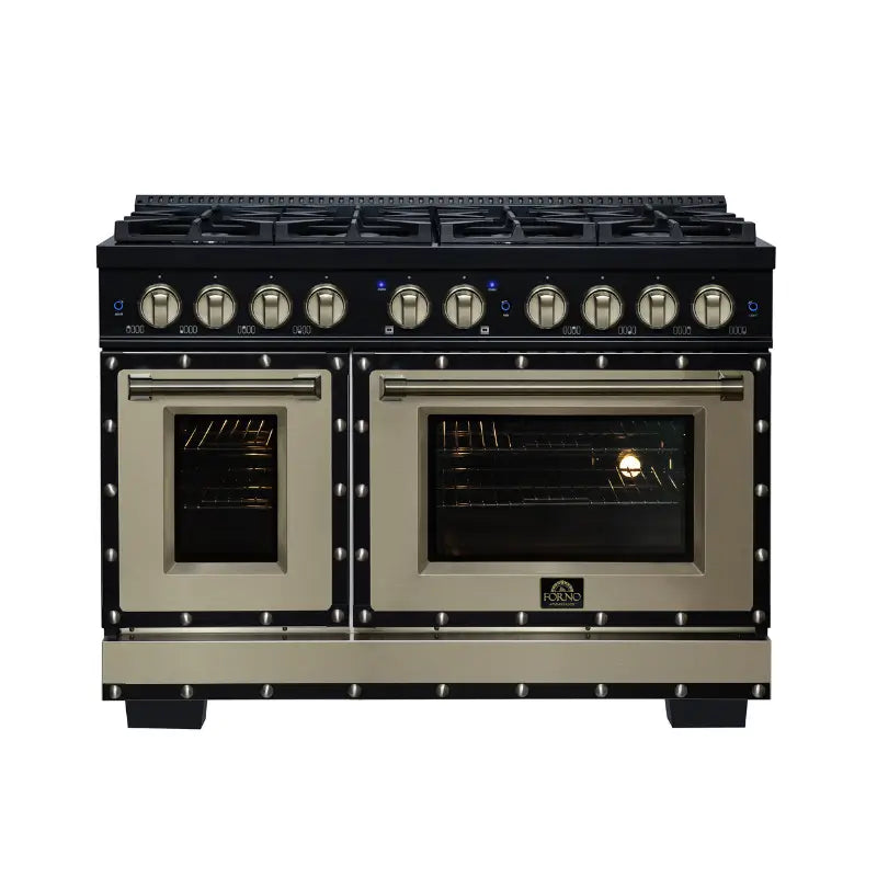 FORNO Valente FFSGS6199-48CPBLK 48-Inch Dual Fuel Range with 8 Sealed Burners & 6.7 Cu. Ft. Double Oven – Black with Copper Trim