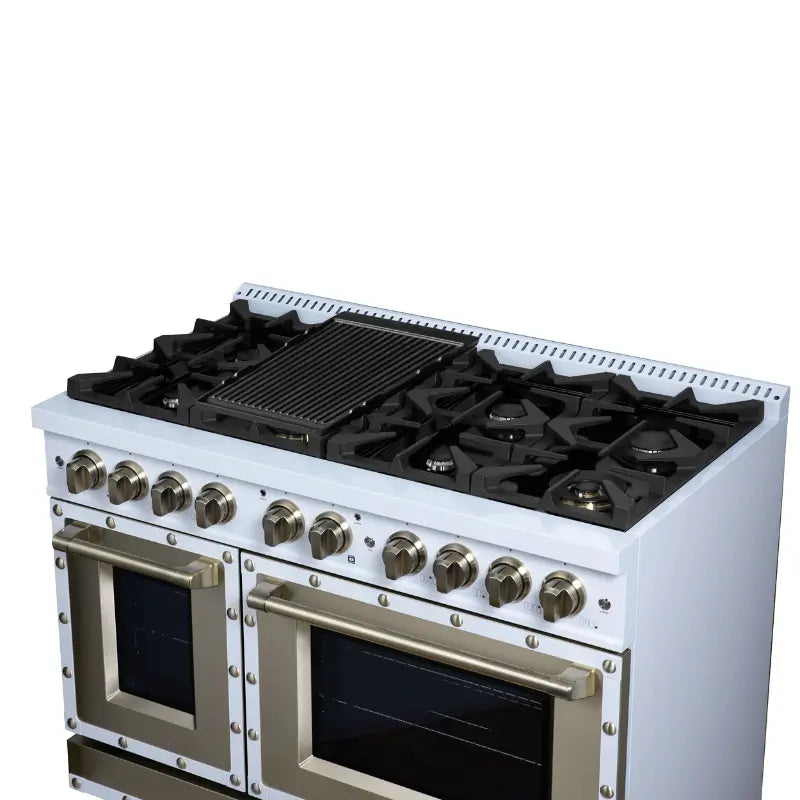 FORNO Valente FFSGS6199-48CPWHT 48-Inch Dual Fuel Range with 8 Sealed Burners & 6.7 Cu. Ft. Double Oven – White with Copper Trim