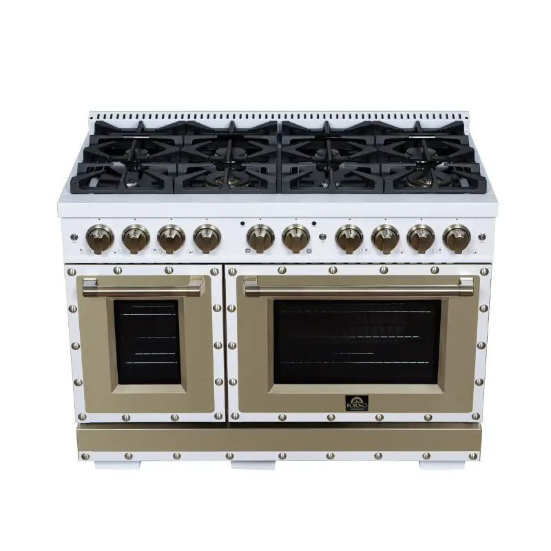 FORNO Valente FFSGS6199-48CPWHT 48-Inch Dual Fuel Range with 8 Sealed Burners & 6.7 Cu. Ft. Double Oven – White with Copper Trim