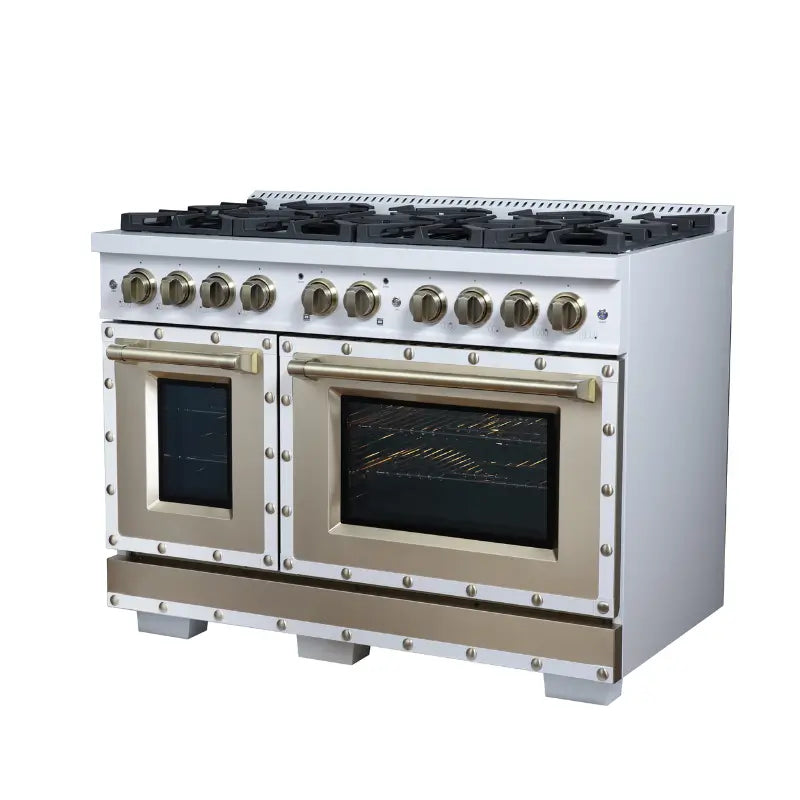 FORNO Valente FFSGS6199-48CPWHT 48-Inch Dual Fuel Range with 8 Sealed Burners & 6.7 Cu. Ft. Double Oven – White with Copper Trim