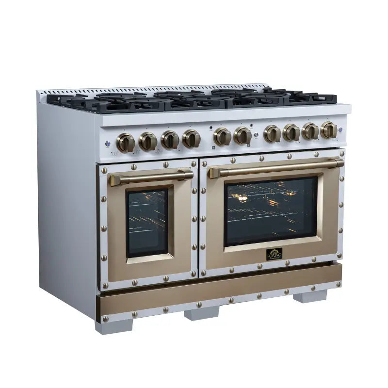FORNO Valente FFSGS6199-48CPWHT 48-Inch Dual Fuel Range with 8 Sealed Burners & 6.7 Cu. Ft. Double Oven – White with Copper Trim