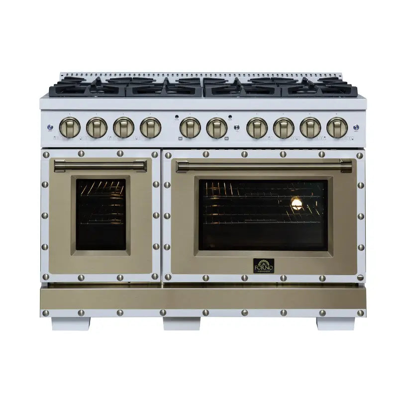 FORNO Valente FFSGS6199-48CPWHT 48-Inch Dual Fuel Range with 8 Sealed Burners & 6.7 Cu. Ft. Double Oven – White with Copper Trim