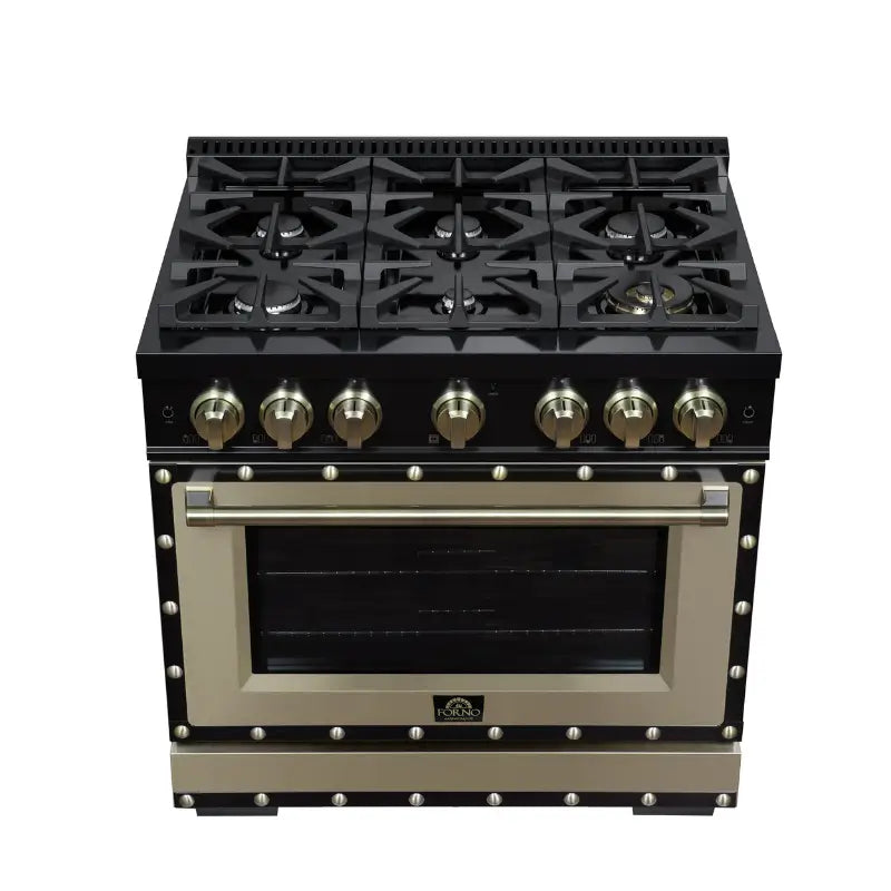 FORNO Valente FFSGS6299-36CPBLK 36-Inch Gas Range with 6 Sealed Burners, 71,000 BTU & 5.2 Cu. Ft. Convection Oven – Black with Copper Trim