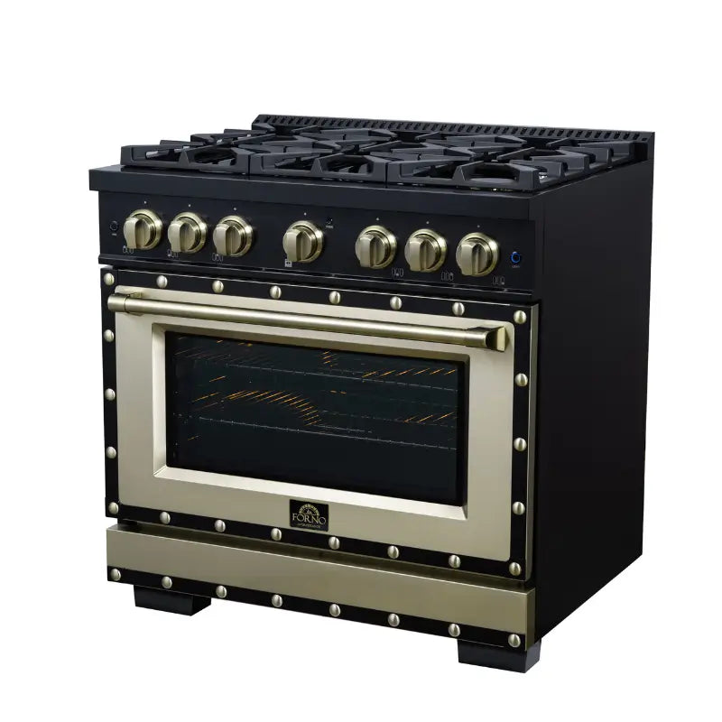 FORNO Valente FFSGS6299-36CPBLK 36-Inch Gas Range with 6 Sealed Burners, 71,000 BTU & 5.2 Cu. Ft. Convection Oven – Black with Copper Trim