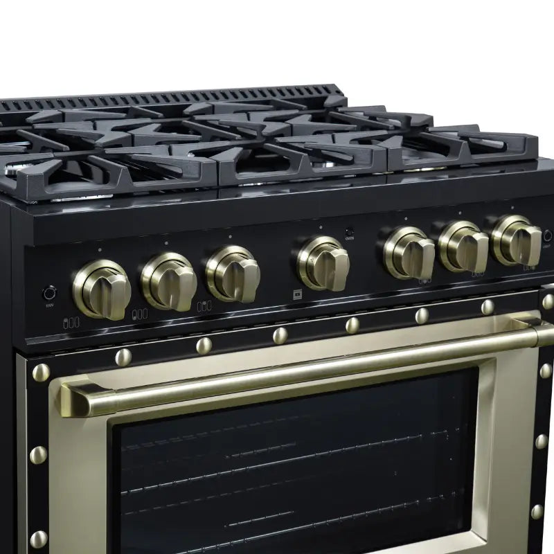 FORNO Valente FFSGS6299-36CPBLK 36-Inch Gas Range with 6 Sealed Burners, 71,000 BTU & 5.2 Cu. Ft. Convection Oven – Black with Copper Trim