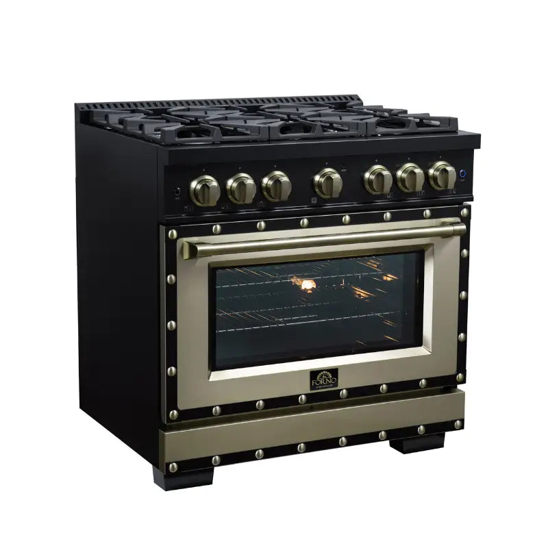 FORNO Valente FFSGS6299-36CPBLK 36-Inch Gas Range with 6 Sealed Burners, 71,000 BTU & 5.2 Cu. Ft. Convection Oven – Black with Copper Trim