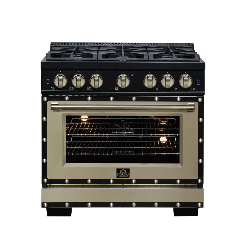 FORNO Valente FFSGS6299-36CPBLK 36-Inch Gas Range with 6 Sealed Burners, 71,000 BTU & 5.2 Cu. Ft. Convection Oven – Black with Copper Trim