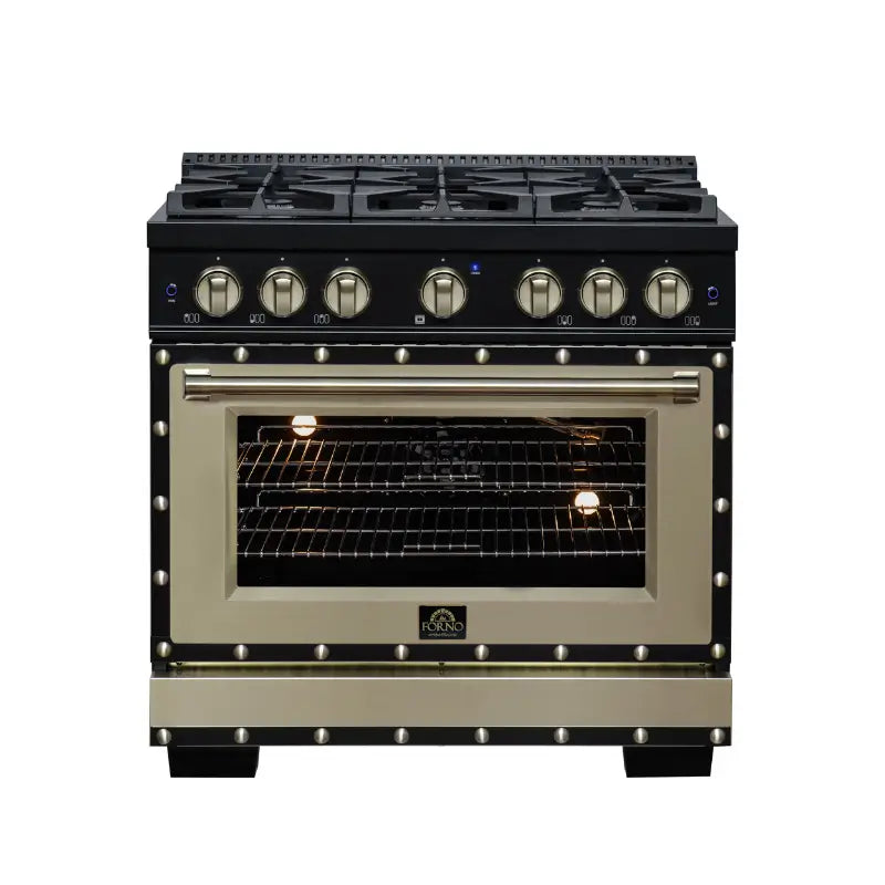 FORNO Valente FFSGS6299-36CPBLK 36-Inch Gas Range with 6 Sealed Burners, 71,000 BTU & 5.2 Cu. Ft. Convection Oven – Black with Copper Trim
