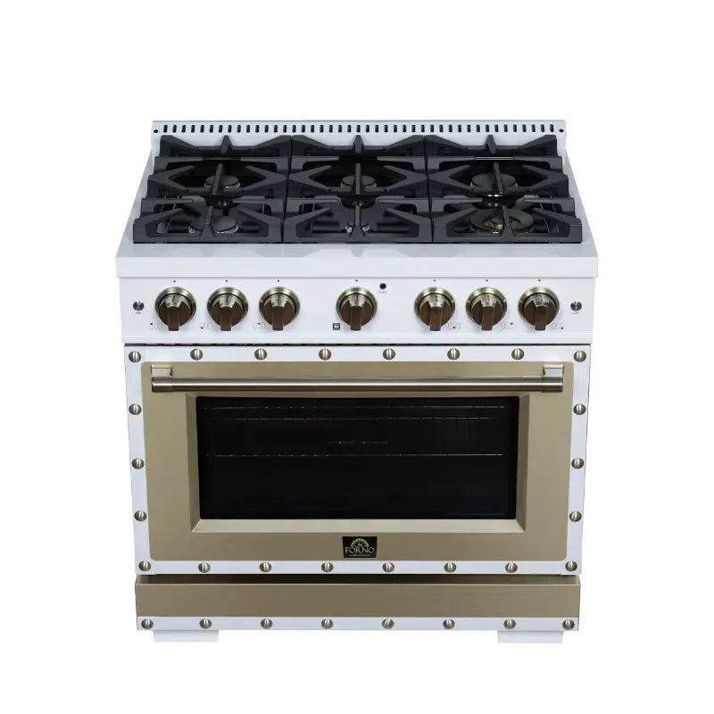 FORNO Valente FFSGS6299-36CPWHT 36-Inch Gas Range with 6 Sealed Burners, 71,000 BTU & 5.2 Cu. Ft. Convection Oven – White with Copper Trim