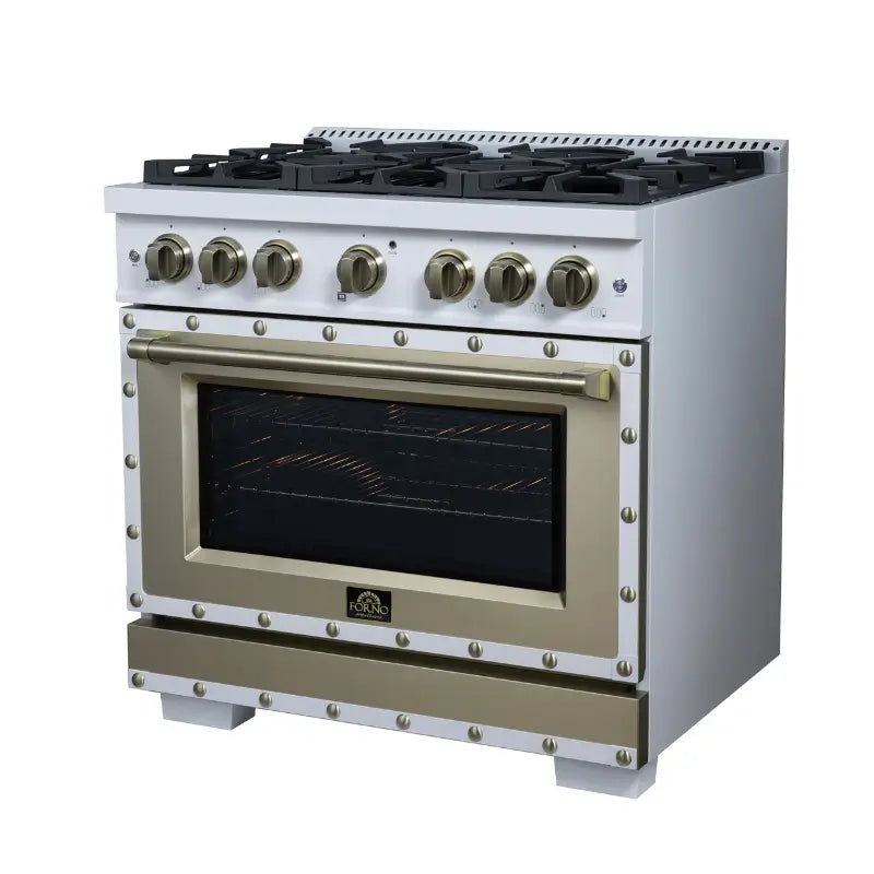 FORNO Valente FFSGS6299-36CPWHT 36-Inch Gas Range with 6 Sealed Burners, 71,000 BTU & 5.2 Cu. Ft. Convection Oven – White with Copper Trim