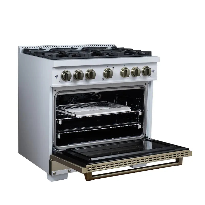 FORNO Valente FFSGS6299-36CPWHT 36-Inch Gas Range with 6 Sealed Burners, 71,000 BTU & 5.2 Cu. Ft. Convection Oven – White with Copper Trim