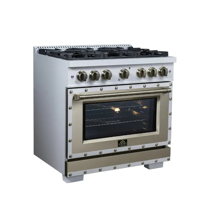 FORNO Valente FFSGS6299-36CPWHT 36-Inch Gas Range with 6 Sealed Burners, 71,000 BTU & 5.2 Cu. Ft. Convection Oven – White with Copper Trim