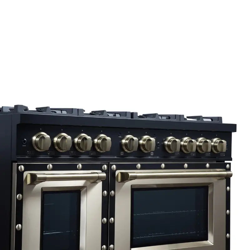 FORNO Valente FFSGS6299-48CPBLK 48-Inch Gas Range with 8 Sealed Burners, 94,000 BTU & 6.7 Cu. Ft. Double Oven – Black with Antique Brass